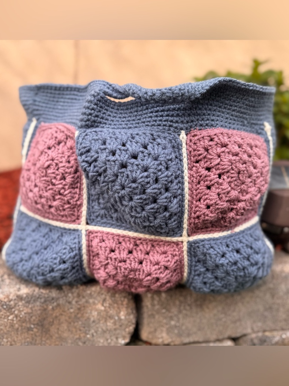 Handmade Crochet Granny Square Tote Bag Blue and Pink Boho Knit Purse - Picture 9 of 10